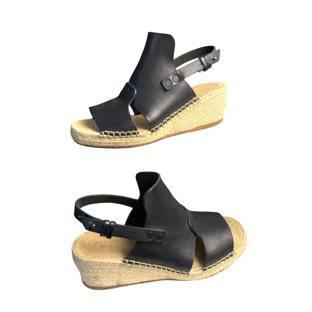 Rag & Bone Black Leather Espadrille Wedge Sandals With Adjustable Strap Womens 7